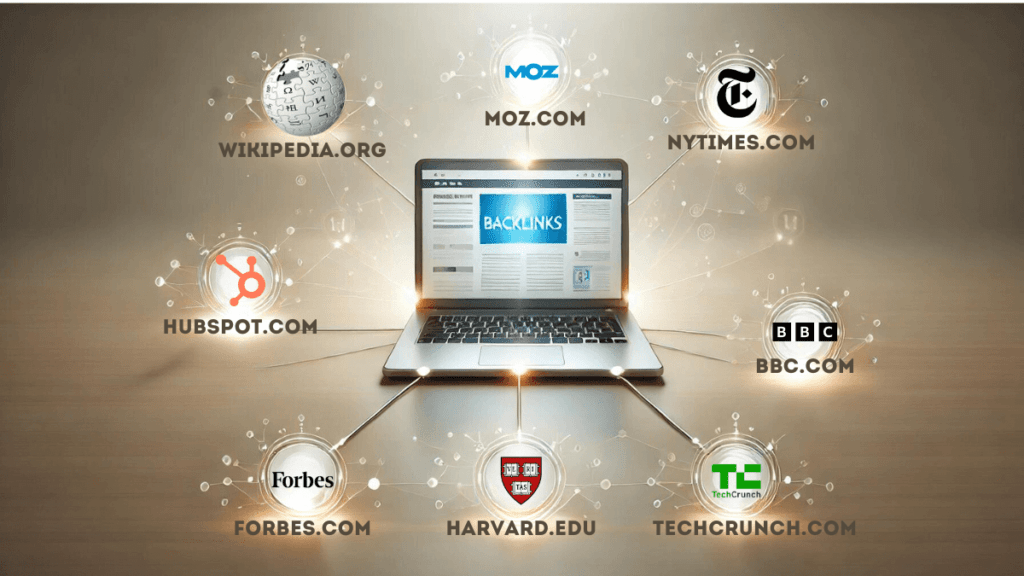 Laptop screen displaying backlinks connected to authority sites like Wikipedia, HubSpot, Forbes, and BBC, symbolizing the importance of building effective backlinks.