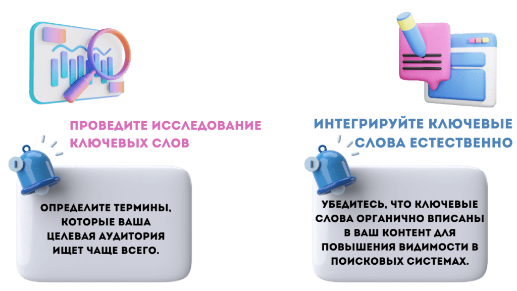 Инфографика с рекомендациями по исследованию ключевых слов и их естественной интеграции в контент для улучшения видимости в поисковых системах.