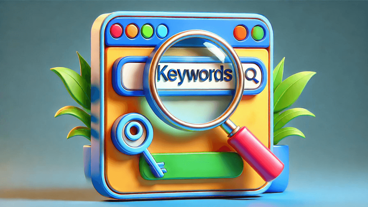 3D illustration of a web browser interface with a magnifying glass highlighting the word 'Keywords,' symbolizing keyword research for SEO.