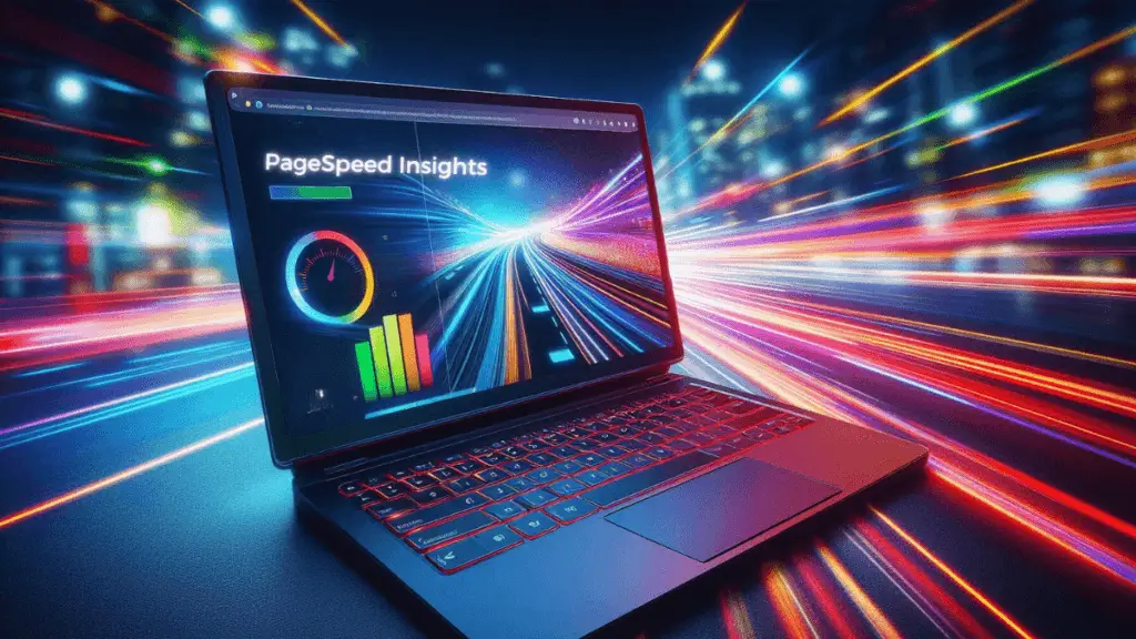 aptop displaying PageSpeed Insights report with a cityscape background, symbolizing website speed and optimization