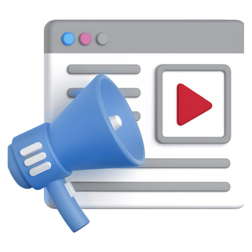 Illustration of website update with megaphone and play button