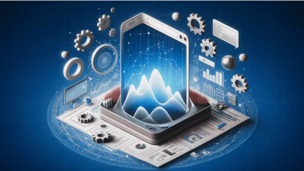 3D illustration of a website development concept featuring a smartphone with a growth chart, surrounded by gears, coding symbols, and digital elements on a blue background.