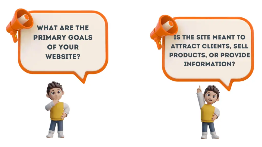 Illustration of a character asking about the primary goals of a website, including whether the site is meant to attract clients, sell products, or provide information.