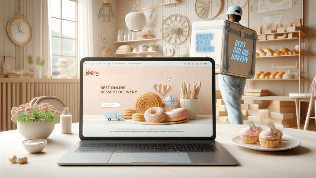 Laptop showing an SEO-optimized bakery website with a delivery courier in the background, demonstrating the role of SEO and search engine algorithms in enhancing online bakery services.