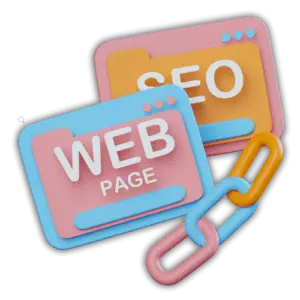 3D illustration of web page and SEO browser windows connected by a chain link, symbolizing the connection between website development and SEO optimization.